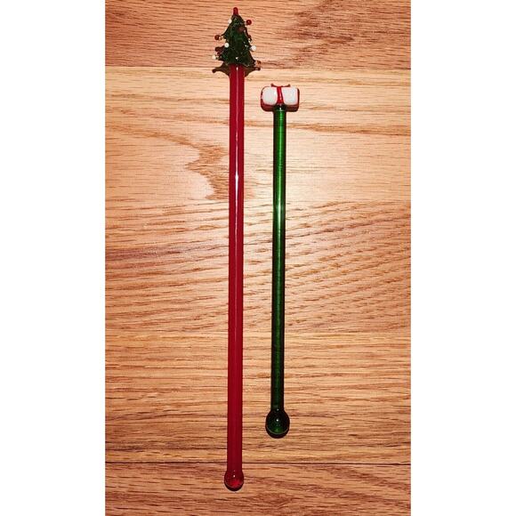 Vintage Hand Blown Swizzle Sticks Christmas Themed Glass Cocktail Stirrers - Picture 4 of 8